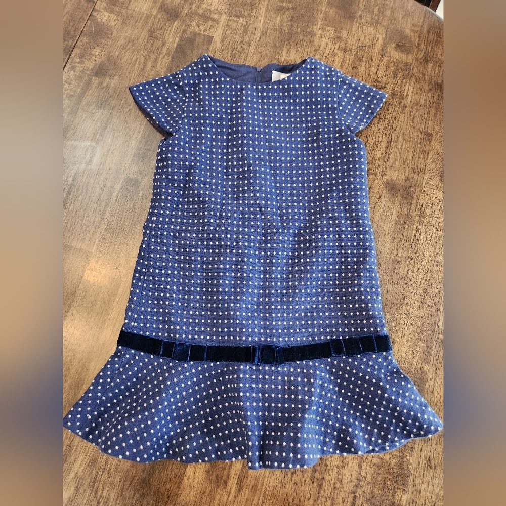 Florence Eiseman Luxury Girls Wool Blend Blue Polka Dot Dress, Size 5